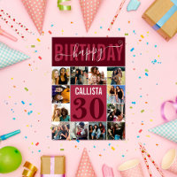 Modern Custom Burgundy Pink Red 12 Photo Birthday