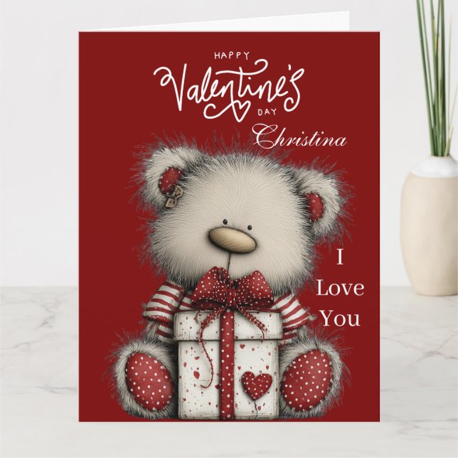Tarjeta Modern Cute Bear Happy Valentines Day Custom Name  (Anverso)