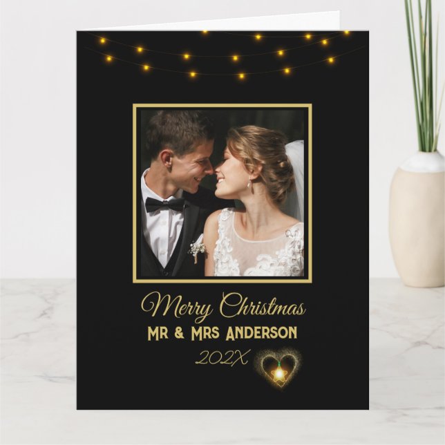 Tarjeta Modern Elegant Black and Gold Mr and Mrs Navidades (Anverso)