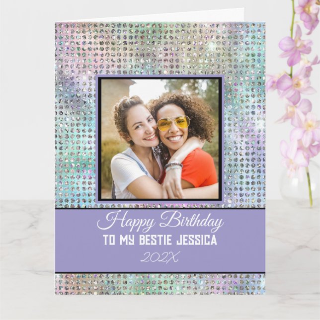 Tarjeta Modern Happy Birthday Pastel Bestie Photo & Name  (Orquídea)