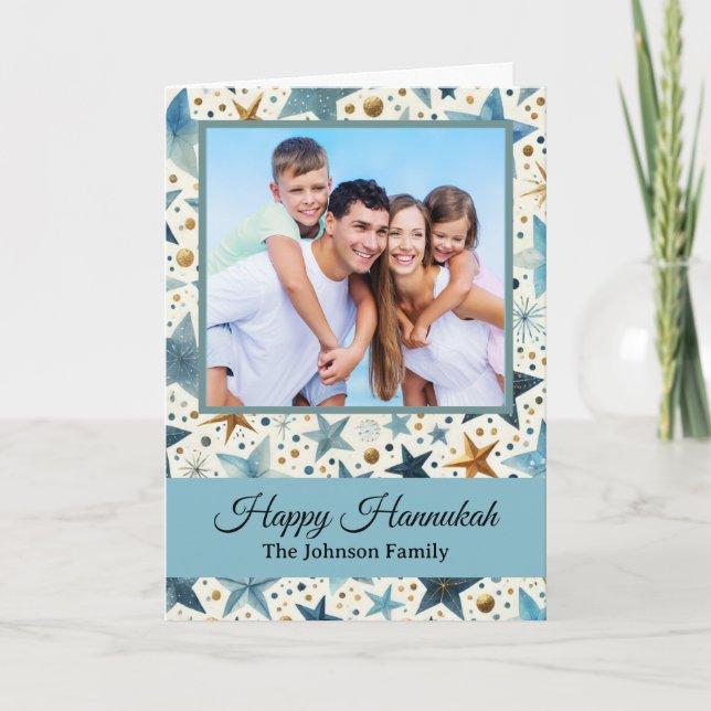 Tarjeta Modern Happy Hanukkah Pattern Custom Family Photo (Anverso)