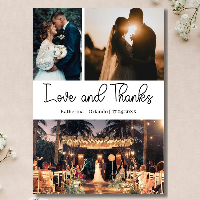 Tarjeta Modern Love and Thanks Three Photo Wedding (Subido por el creador)