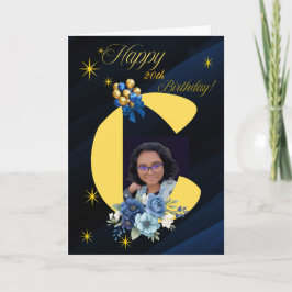 Tarjeta Modern Navy & Gold Initial "C" Photo 20th Birthday