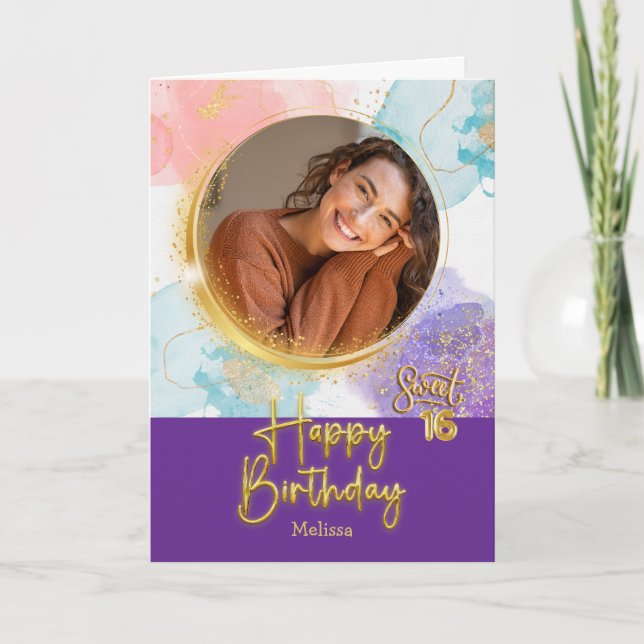 Tarjeta Modern Pastel Sweet 16 Photo & Name Birthday (Anverso)