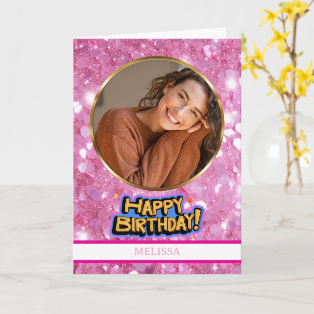 Tarjeta Modern Pink and Gold Glitter Photo & Name Birthday (flor amarilla)
