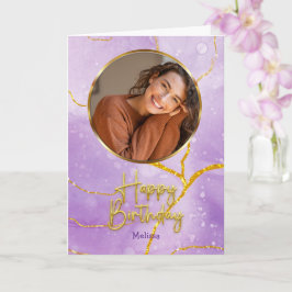 Tarjeta Modern Purple and Gold  Photo & Name Birthday