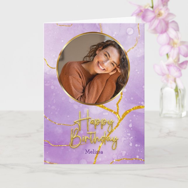 Tarjeta Modern Purple and Gold  Photo & Name Birthday (Orquídea)