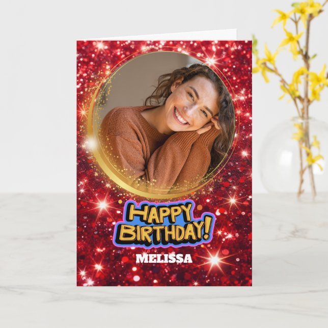 Tarjeta Modern Red and Gold Glitter Photo & Name Birthday (flor amarilla)