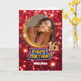 Tarjeta Modern Red & Gold Glitter Photo Name 16th Birthday