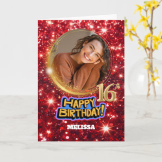 Tarjeta Modern Red & Gold Glitter Photo Name 16th Birthday