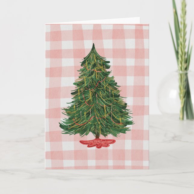 Tarjeta Modern Watercolor Christmas Tree Pink Gingham Card (Anverso)