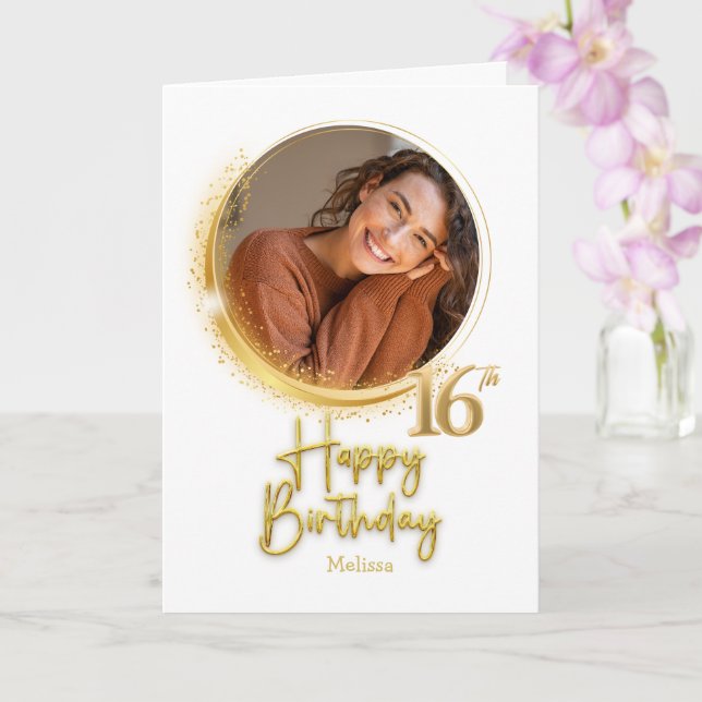 Tarjeta Modern White & Gold Photo Name 16th Birthday (Orquídea)