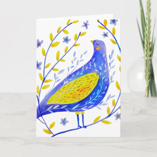 Tarjeta Moderna acuarela azul y amarillo arte de los pájar (Anverso)