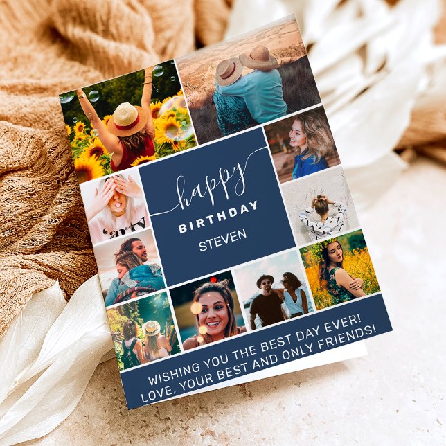 Tarjeta Moderna cuadrícula de fotos de cumpleaños azul mar (Subido por el creador)