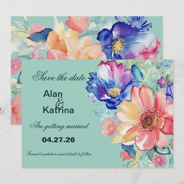 Tarjeta moderna de ahorro de fecha con flores verd (Anverso / Reverso)