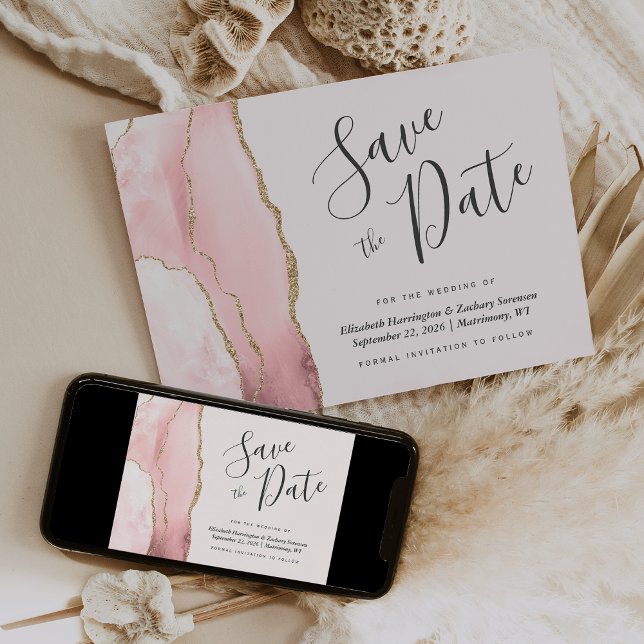 Tarjeta moderna de aviso de boda en rosa y oro (Subido por el creador)