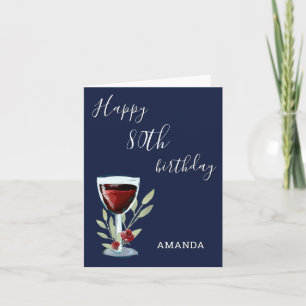 Tarjeta moderna de cumpleaños 80 rojo vino azul ma