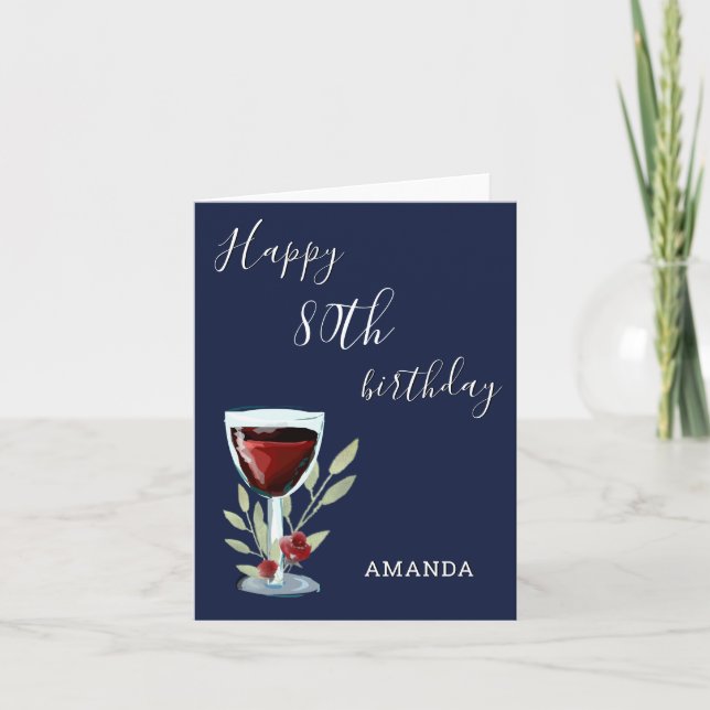 Tarjeta moderna de cumpleaños 80 rojo vino azul ma (Anverso)