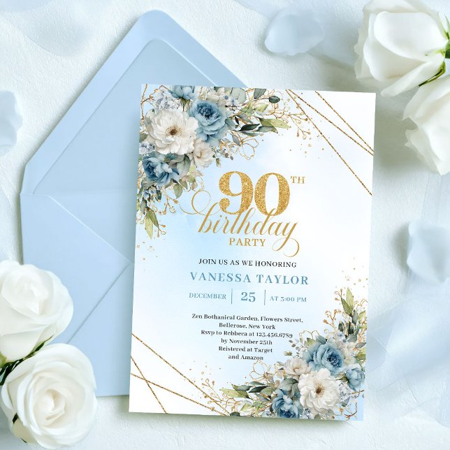 Tarjeta moderna de cumpleaños número 90 floral azu (Modern Dusty Blue Floral Gold 90th Birthday Card

)