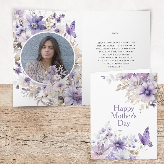 Tarjeta moderna de felicitación del Día de la Madr (Elegant Modern Floral Watercolor Happy Mother's Day Card with Photo and Personalized Message)