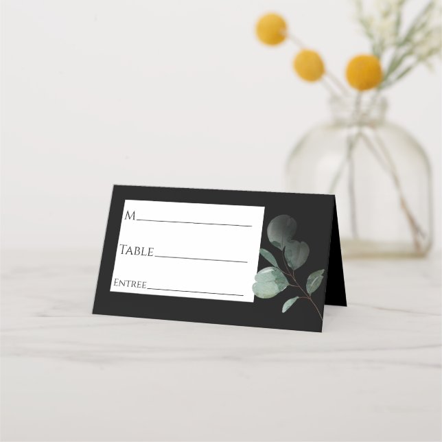 Tarjeta moderna de Greenery Black Boda Place (Anverso)