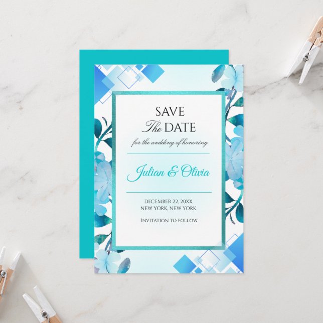 Tarjeta moderna de guardar la fecha en azul turque (Anverso/Reverso In Situ)