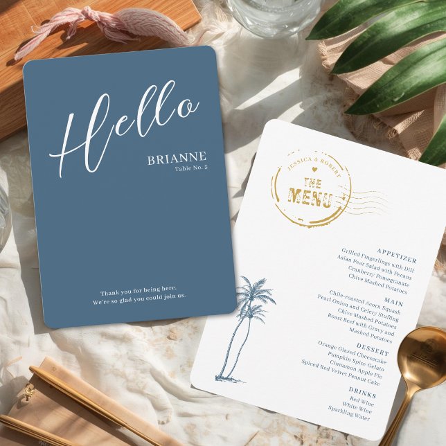 Tarjeta moderna de lugar y menú para boda de desti (Modern three in one menu, name card and greeting message.)