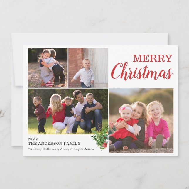 Tarjeta moderna de Navidad con 5 fotos personaliza (Anverso)