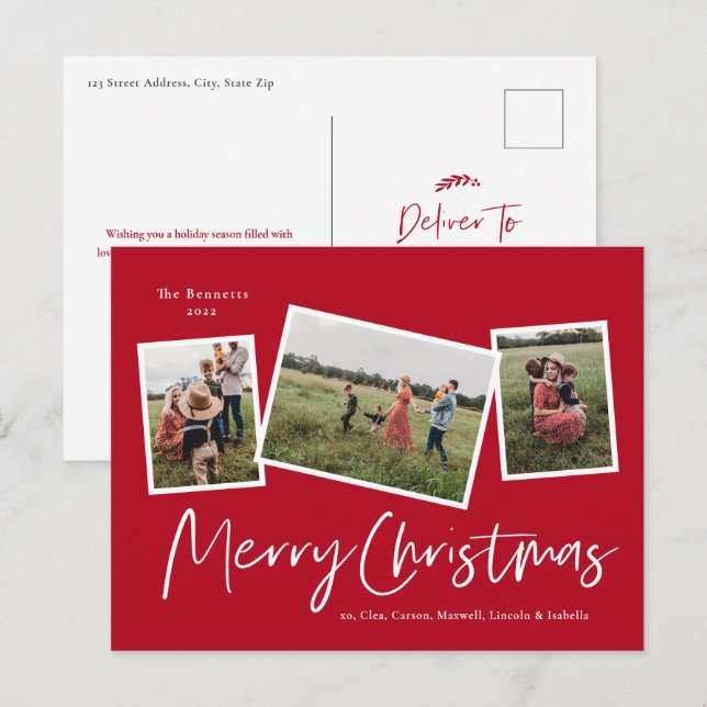 Tarjeta moderna de Navidad con collage de 3 fotos (Anverso / Reverso)