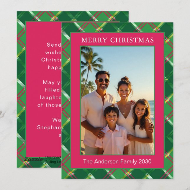Tarjeta moderna de Navidad con cuadro escocés rosa (Anverso / Reverso)