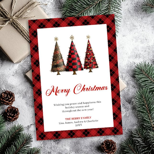 Tarjeta moderna de Navidad con estampado de leopar (Buffalo Christmas trees greeting card,
Red black plaid tartan Christmas,
Personalized watercolor Chr)
