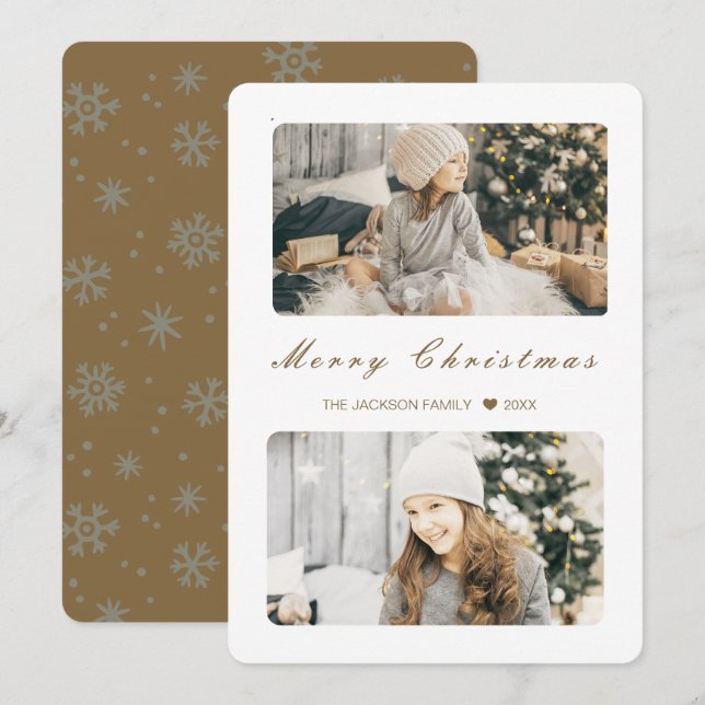Tarjeta moderna de Navidad en oro 2 fotos (Anverso / Reverso)
