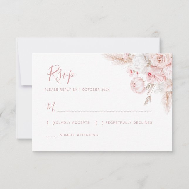 tarjeta moderna de rsvp de boda floral rosa polvor (Anverso)