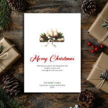 Tarjeta moderna de velas de Navidad con follaje de