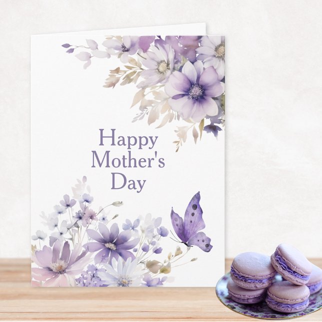 Tarjeta moderna elegante floral feliz día de la ma (Modern Stylish Purple Watercolor Floral Happy Mother's Day Card with Personalized Message Inside)