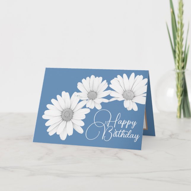 Tarjeta Moderna Girly Daisies Flores Florales Blue Birthda (Anverso)