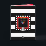Tarjeta Moderna Menorah Shabbat Shalom<br><div class="desc">Esta tarjeta,  de estilo distintivo,  cuenta con una menorah moderna y colorida sobre audaces rayas blancas y negras. Tarjeta interior bordeada y coordinada por el placer de escribir y dice "Shabbat Shalom". ~ karyn</div>