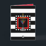 Tarjeta Moderna Menorah Shabbat Shalom<br><div class="desc">Esta tarjeta,  de estilo distintivo,  cuenta con una menorah moderna y colorida sobre audaces rayas blancas y negras. Tarjeta interior bordeada y coordinada por el placer de escribir y dice "Shabbat Shalom". ~ karyn</div>