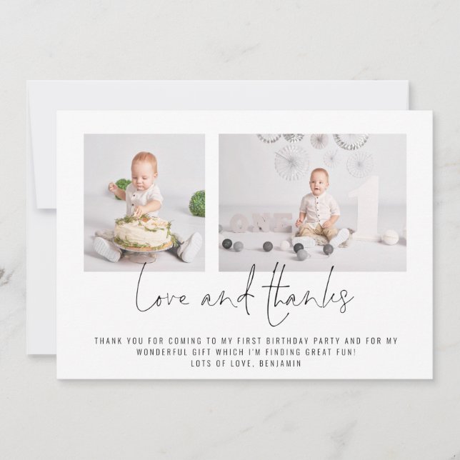 Tarjeta Modernas 2 fotos Amor y Gracias por el cumpleaños (Anverso)