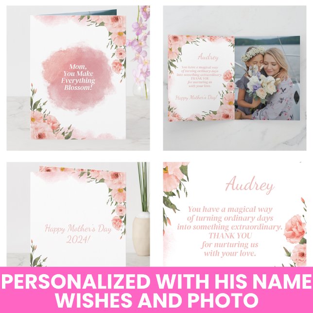 Tarjeta Moderno acuarela Elegante Día de la Madre floral r (Modern Watercolor Elegant Pink Floral Mothers Day Card)