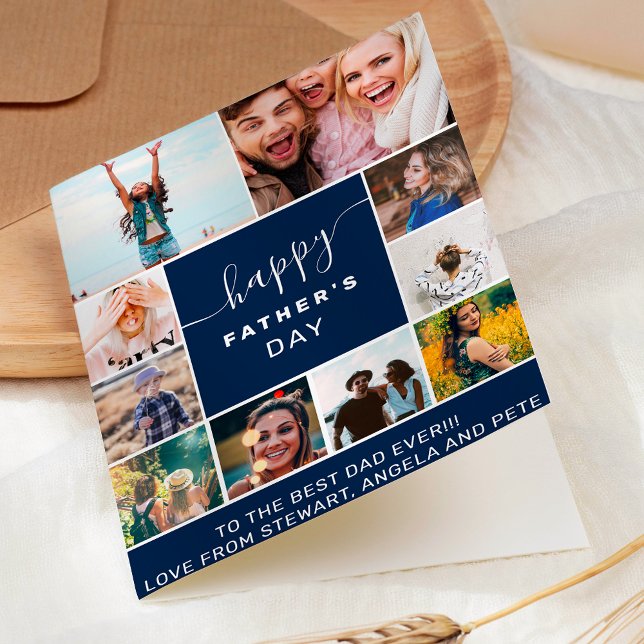 Tarjeta Moderno azul marino padre día 10 collage de fotos (Modern navy blue father day 10 photo collage card)