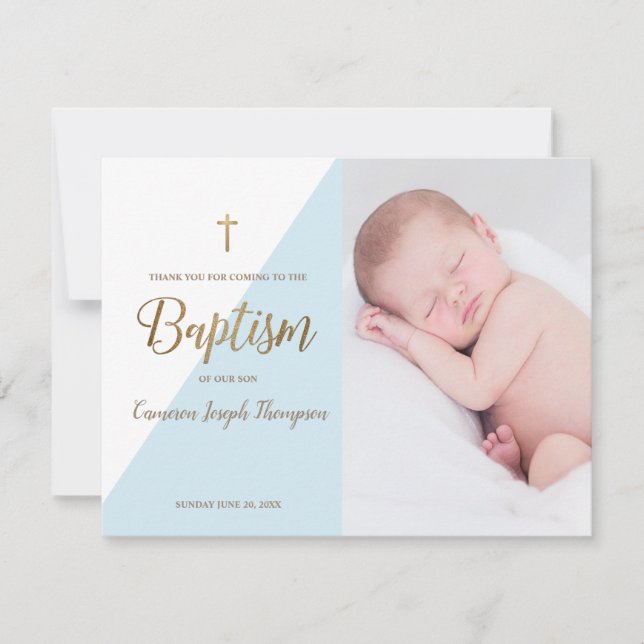 Tarjeta Moderno Baby Boy Blue Photo Baptism Gracias (Anverso)