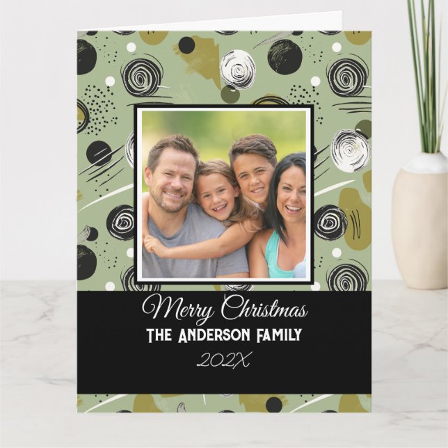 Tarjeta Moderno Boho Verde Resumen foto familiar de Navida (Anverso)