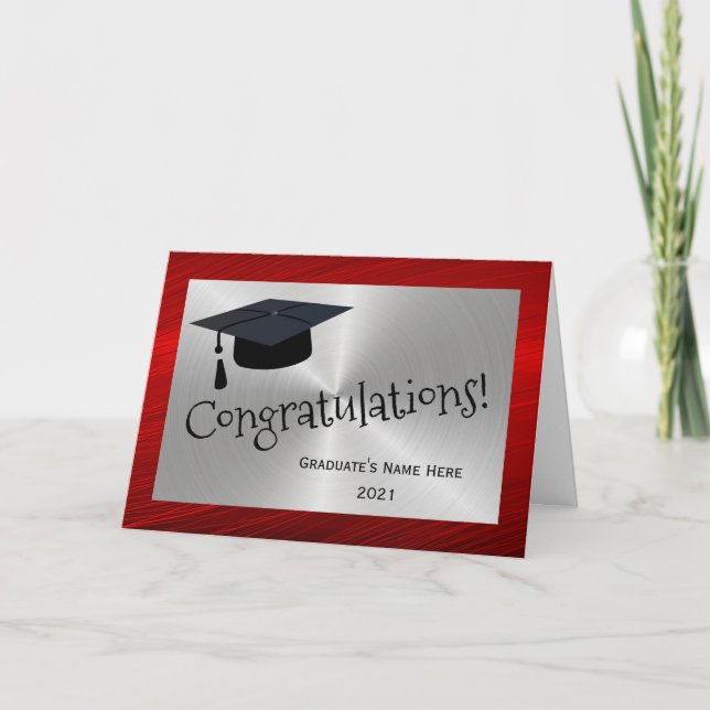 Tarjeta Moderno gorro de plata roja felicitaciones graduac (Anverso)