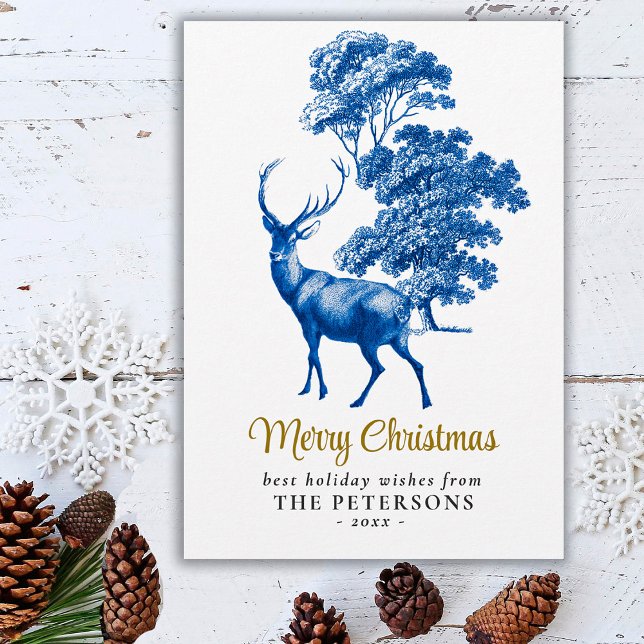 Tarjeta Moderno y elegante Blue Toile Deer Woodland (Subido por el creador)