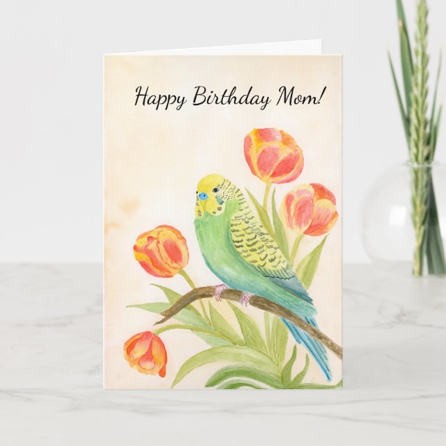 Tarjeta Mom Happy Birthday Parakeet with Tulips (Anverso)