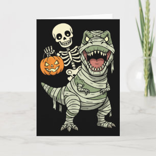 Tarjeta Momia de esqueleto montando dinosaurio T Rex Hallo