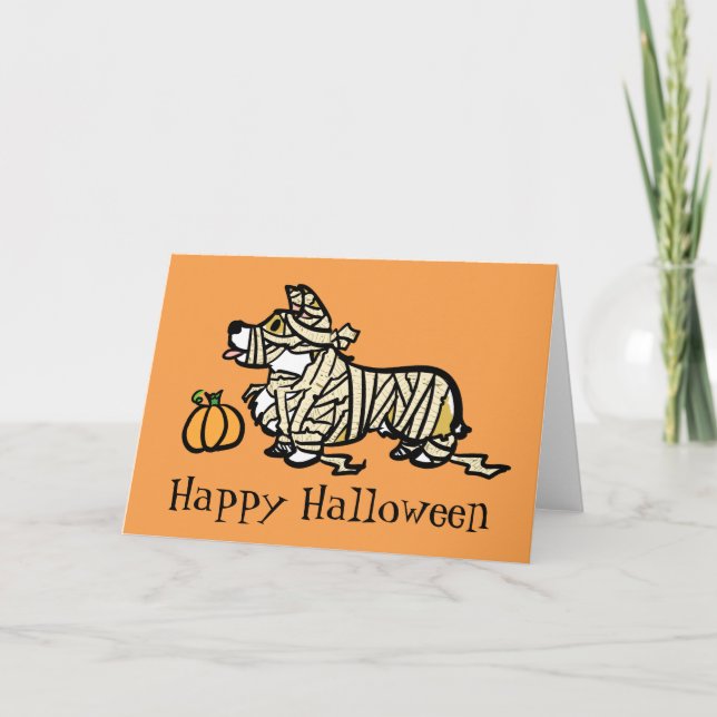 Tarjeta Momia de Halloween del Corgi (Anverso)