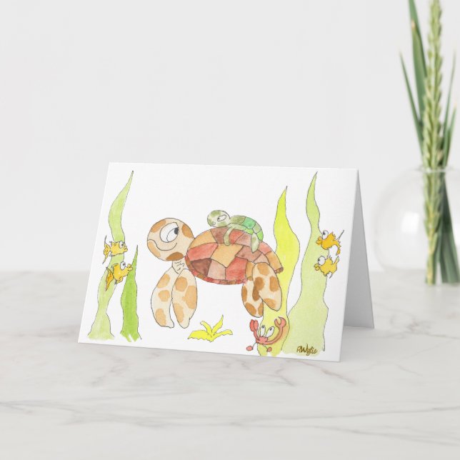 Tarjeta Momma y bebé de la tortuga marina (Anverso)