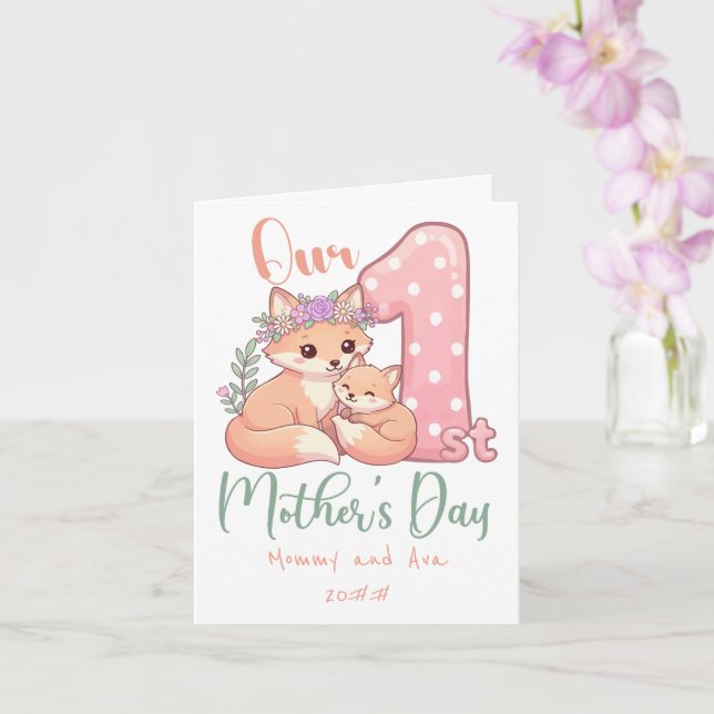 Tarjeta Mommy and Baby Fox Pink 1st Mothers Day (Orquídea)